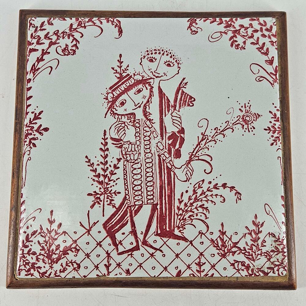 Vintage Bjørn Wiinblad for Nymølle ceramic tile trivet wooden frame Denmark